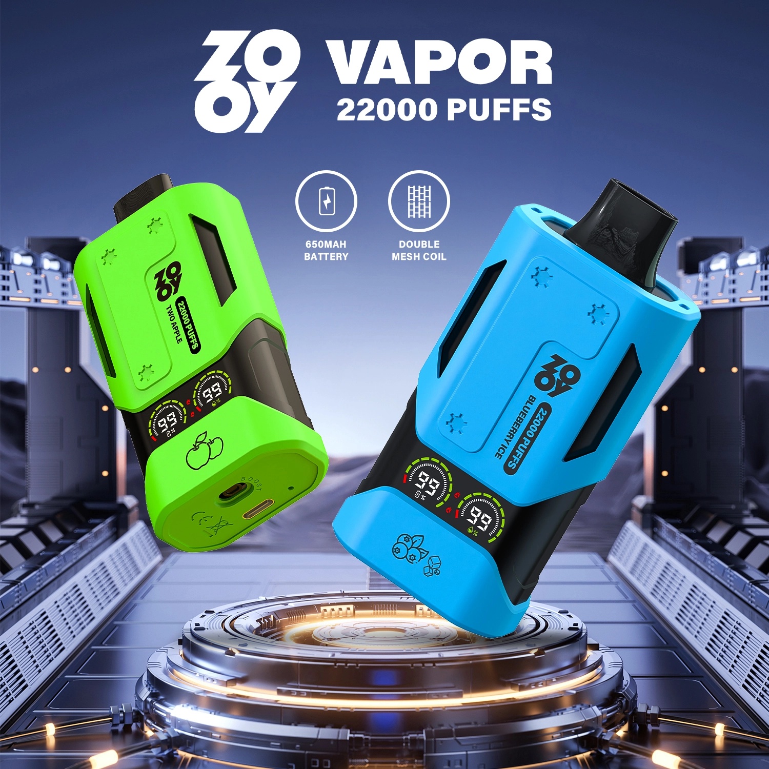 Zooy vapor 22k big puff 0%/2%/5% dual mesh coil with display screen